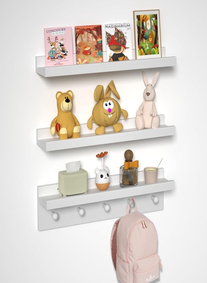 MBYD Picture Shelf Ledge, 24 Inch Floating Shelves for Wall, Nursery Book Shelves with Hooks Set of 3, Floating Shelf Wall Mounted for Bathroom, Kids Room, Living Room, Kitchen Bedroom White - Image 1